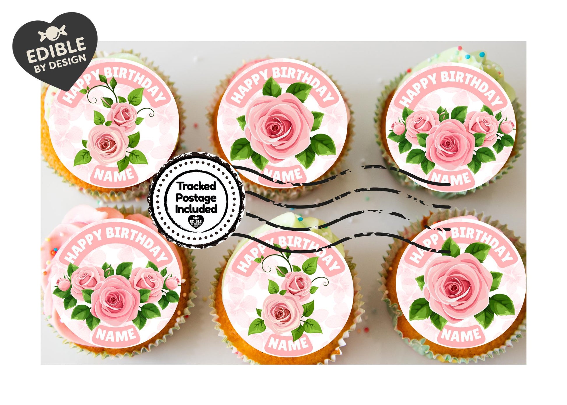 Pink Roses Flower Personalised Birthday Cake Toppers matching Foil Balloon available