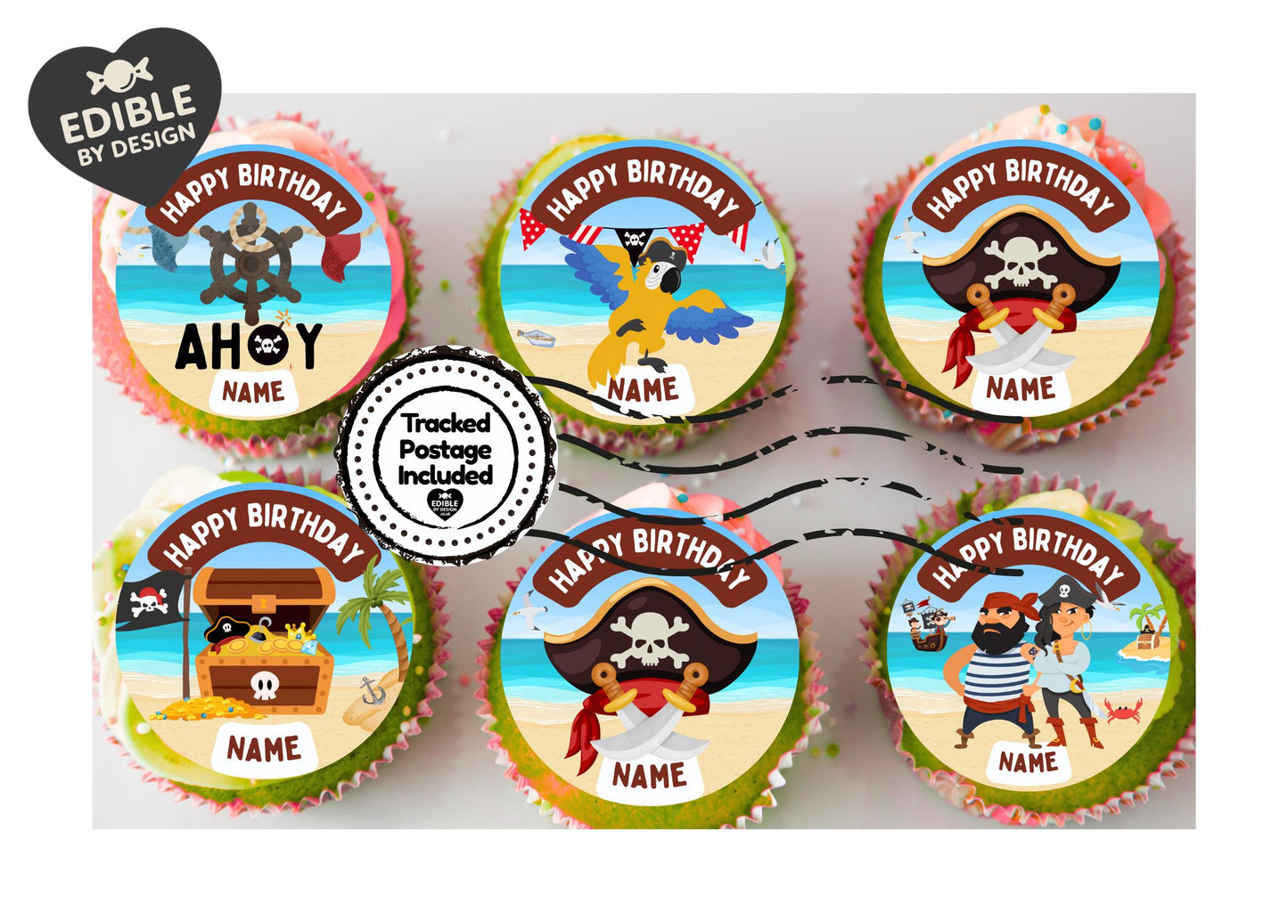 Pirate Theme Birthday Cake Toppers Personalised Name and Age Matching Stickers Balloon Invitations Pack