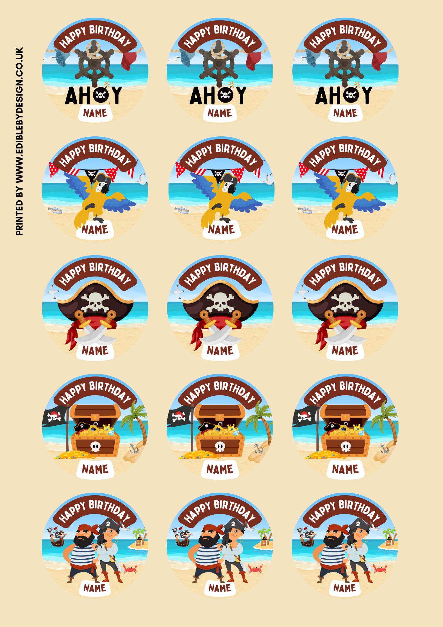 Pirate Theme Birthday Cake Toppers Personalised Name and Age Matching Stickers Balloon Invitations Pack