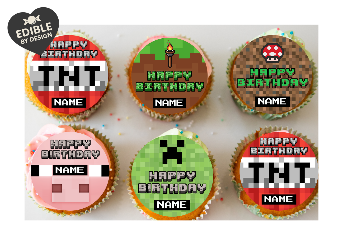Pixel Theme Birthday Cake Toppers Edible Circles Personalised Name and Age Matching Stickers Balloon Invitations Pack