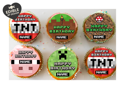 Pixel Theme Birthday Cake Toppers Edible Circles Personalised Name and Age Matching Stickers Balloon Invitations Pack