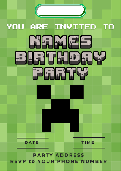 Pixel Theme Birthday Cake Toppers Edible Circles Personalised Name and Age Matching Stickers Balloon Invitations Pack