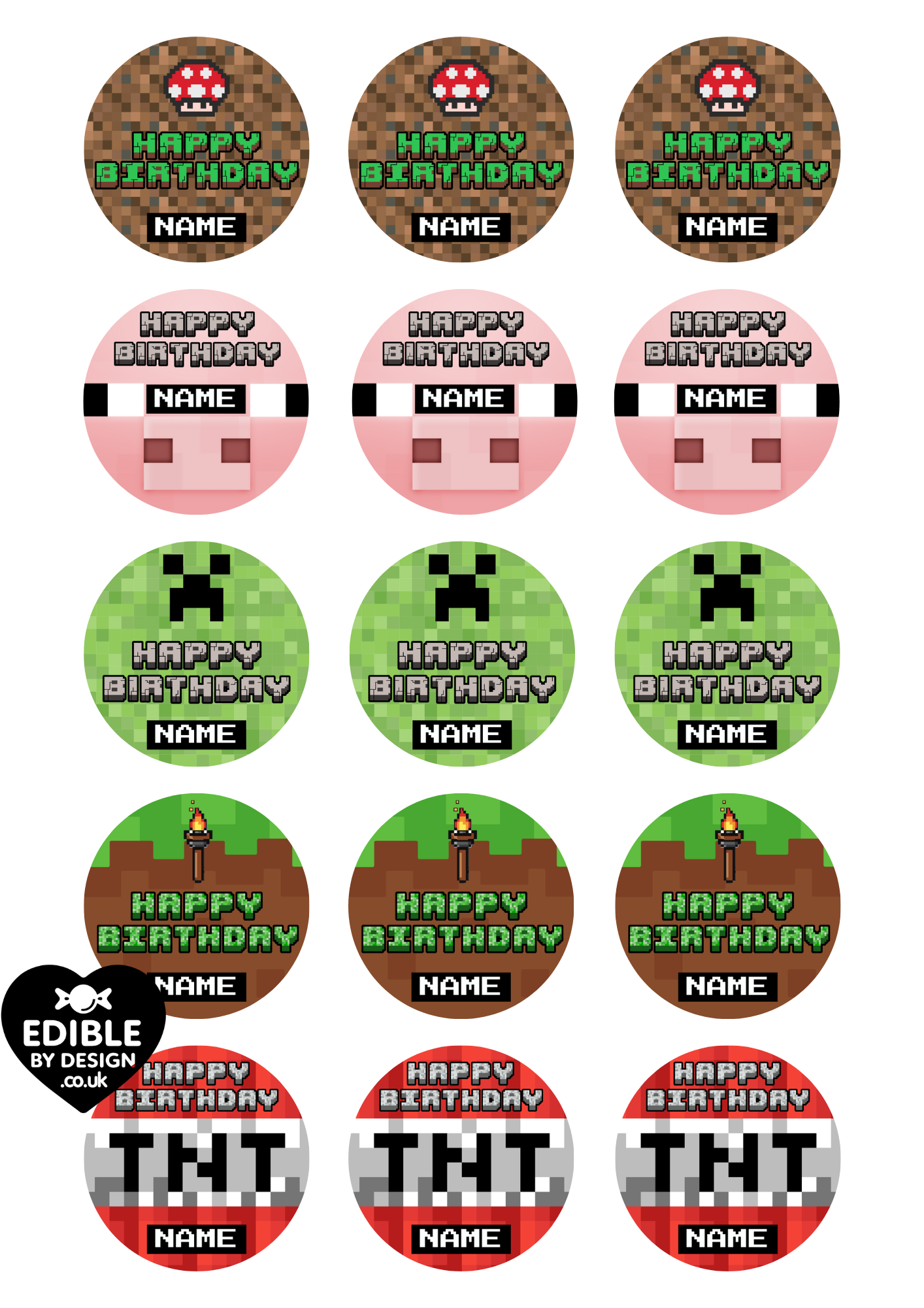 Pixel Theme Birthday Cake Toppers Edible Circles Personalised Name and Age Matching Stickers Balloon Invitations Pack