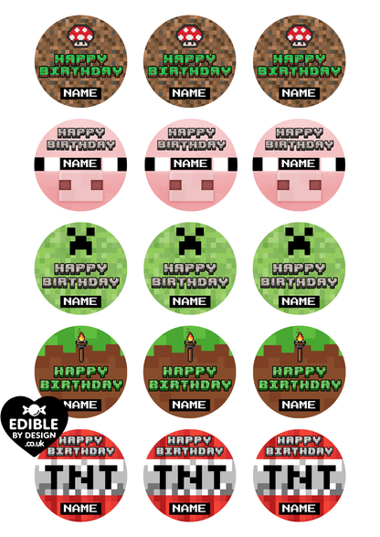 Pixel Theme Birthday Cake Toppers Edible Circles Personalised Name and Age Matching Stickers Balloon Invitations Pack