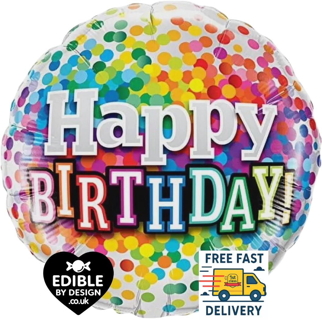 Rainbow Confetti Foil Happy Birthday Balloon - Qualatex - 18" round Balloon for Helium or Air
