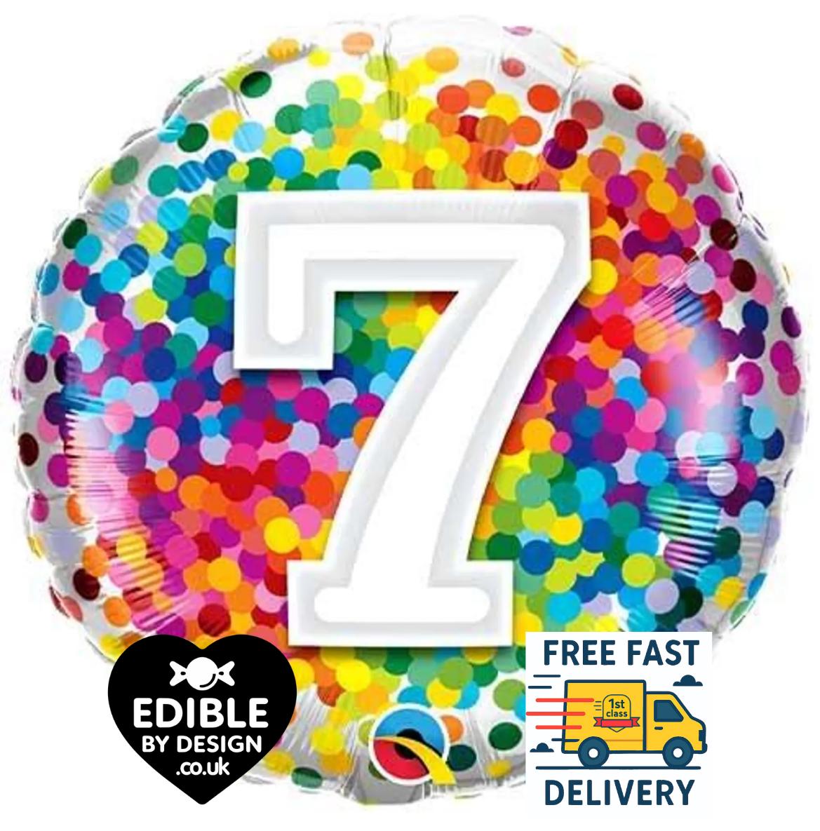 Rainbow Confetti Foil Number 7 Balloon - Qualatex - 18" round Balloon for Helium or Air