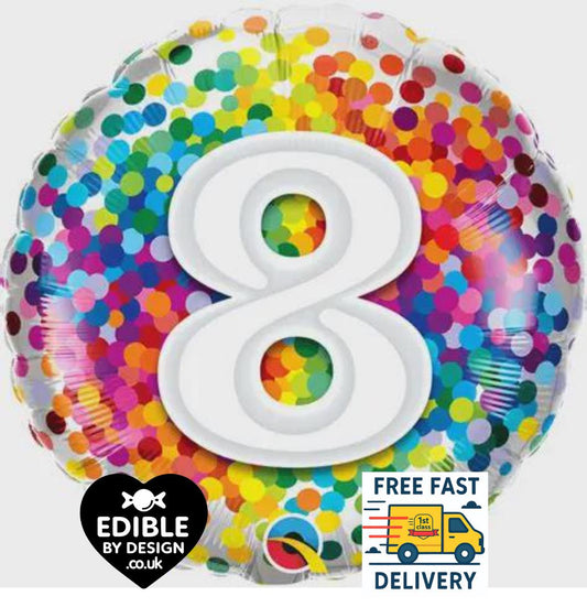 Rainbow Confetti Foil Number 8 Balloon - Qualatex - 18" round Balloon for Helium or Air