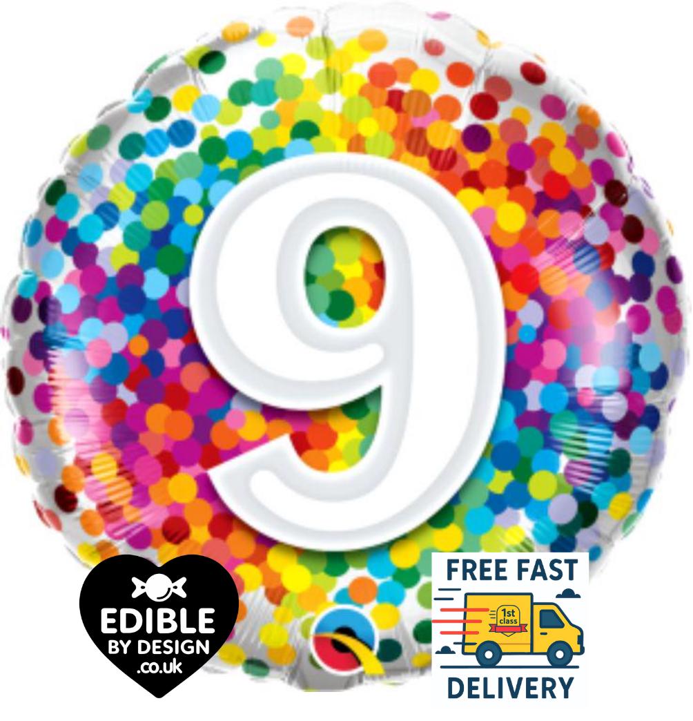 Rainbow Confetti Foil Number 9 Balloon - Qualatex - 18" round Balloon for Helium or Air