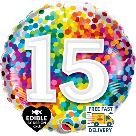 Rainbow Confetti Foil Number 15 Balloon - Qualatex - 18" round Balloon for Helium or Air