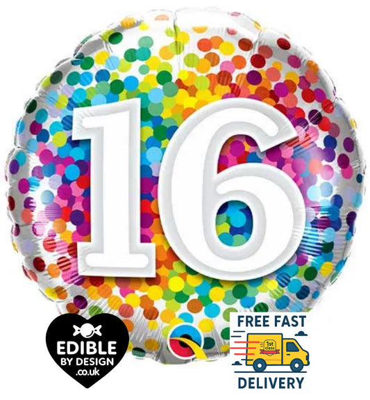 Rainbow Confetti Foil Number 16 Balloon - Qualatex - 18" round Balloon for Helium or Air