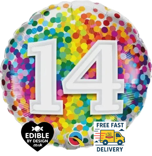 Rainbow Confetti Foil Number 14 Balloon - Qualatex - 18" round Balloon for Helium or Air