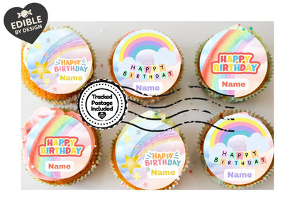 Rainbow Theme Birthday Cake Toppers matching Invitations Stickers Balloon Party Pack
