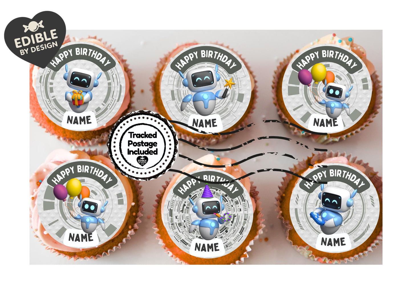 Robot Theme Birthday Cake Toppers Edible Circles Personalised Name and Age Matching Stickers Balloon Invitations Pack