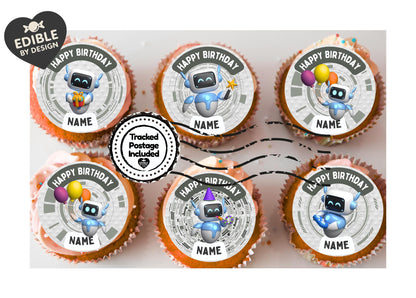 Robot Theme Birthday Cake Toppers Edible Circles Personalised Name and Age Matching Stickers Balloon Invitations Pack