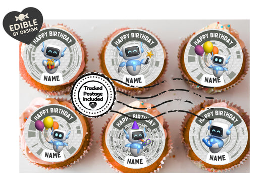 Robot Theme Birthday Cake Toppers Edible Circles Personalised Name and Age Matching Stickers Balloon Invitations Pack