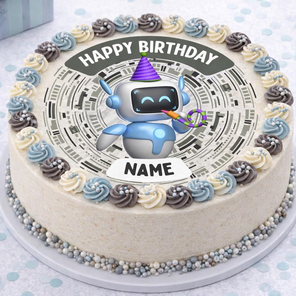 Robot Theme Birthday Cake Toppers Edible Circles Personalised Name and Age Matching Stickers Balloon Invitations Pack