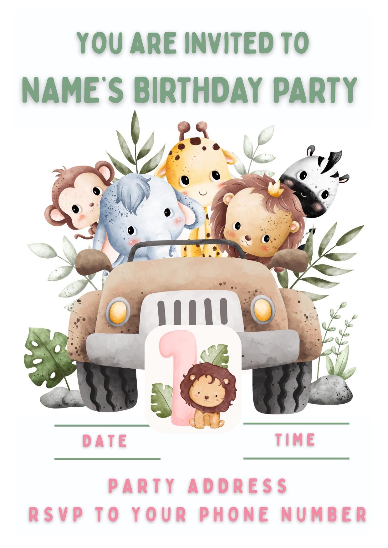 Safari Jungle Theme Personalised Birthday Cake Toppers matching Invitations Stickers Balloon Party Pack