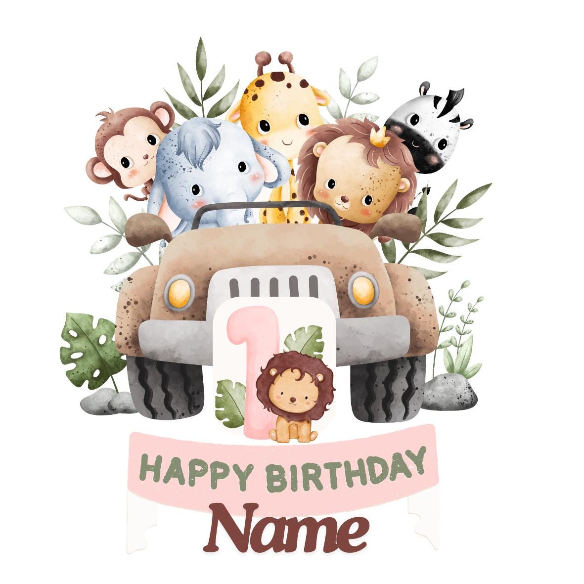 Safari Jungle Theme Personalised Birthday Cake Toppers matching Invitations Stickers Balloon Party Pack