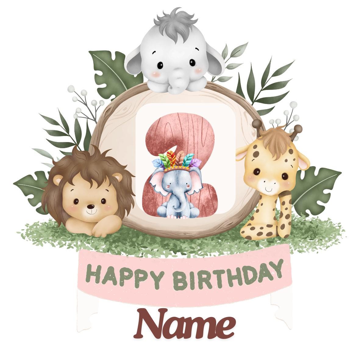 Safari Jungle Theme Personalised Birthday Cake Toppers matching Invitations Stickers Balloon Party Pack
