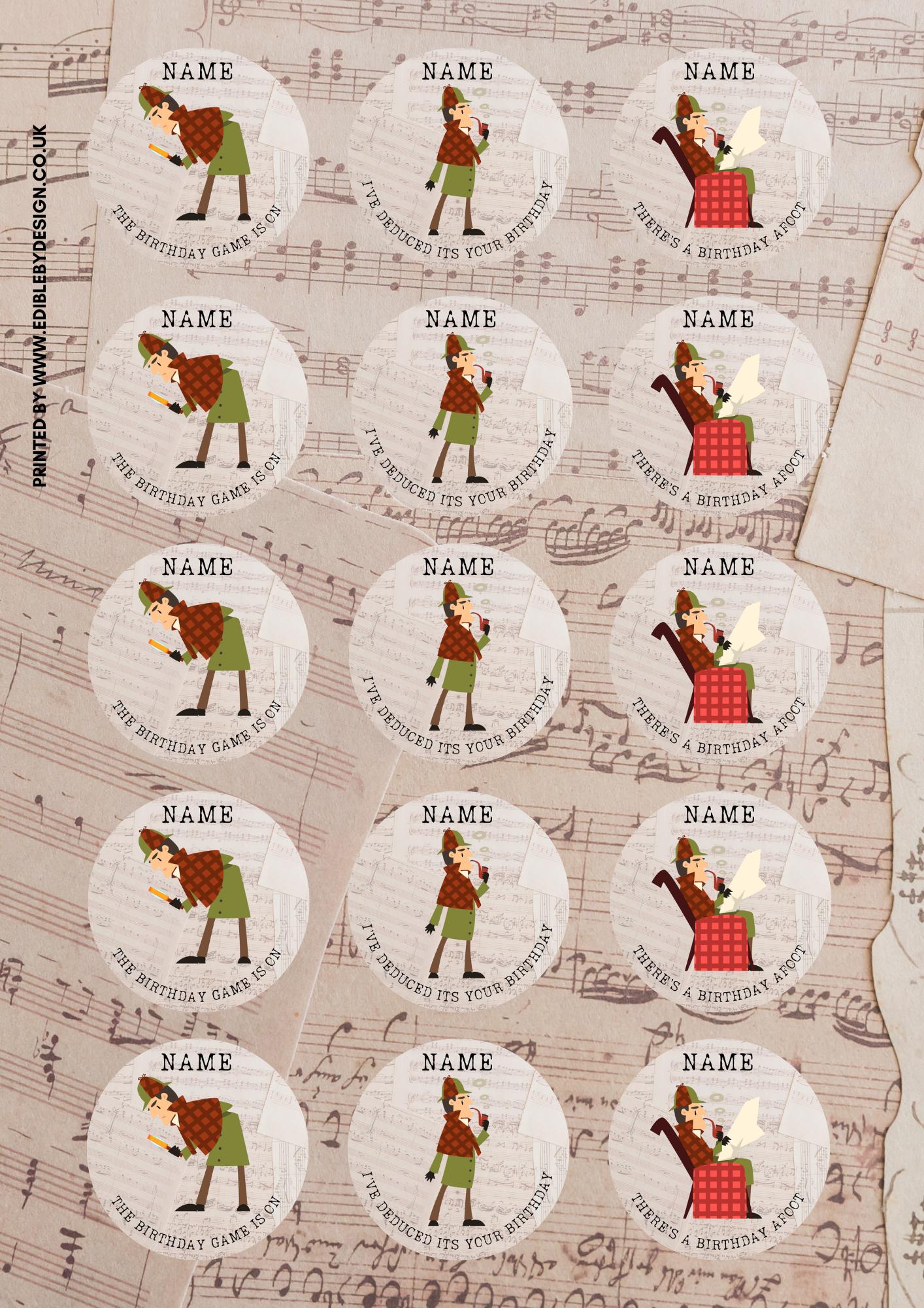Sherlock Holmes Theme Personalised Birthday Cake Toppers matching Invitations Stickers Balloon Party Pack