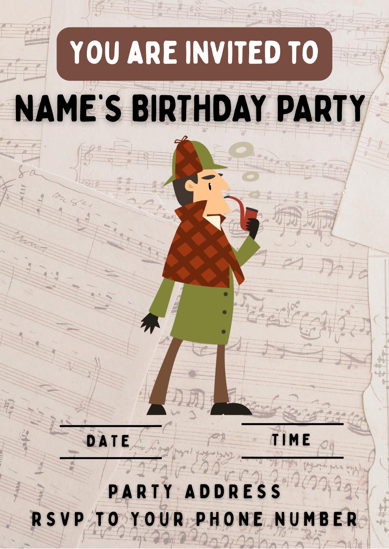Sherlock Holmes Theme Personalised Birthday Cake Toppers matching Invitations Stickers Balloon Party Pack