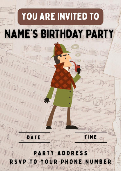 Sherlock Holmes Theme Personalised Birthday Cake Toppers matching Invitations Stickers Balloon Party Pack