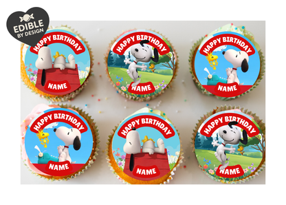 Snoopy Theme Birthday Cake Toppers Edible Circles Personalised Name and Age Matching Stickers Balloon Invitations Pack
