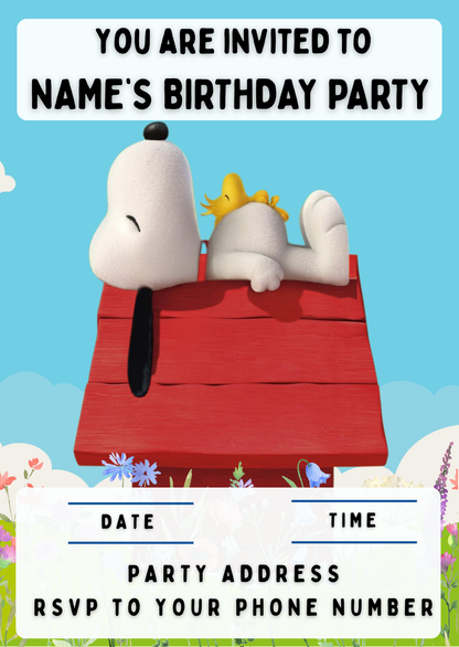 Snoopy Theme Birthday Cake Toppers Edible Circles Personalised Name and Age Matching Stickers Balloon Invitations Pack