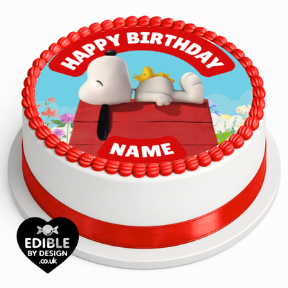 Snoopy Theme Birthday Cake Toppers Edible Circles Personalised Name and Age Matching Stickers Balloon Invitations Pack