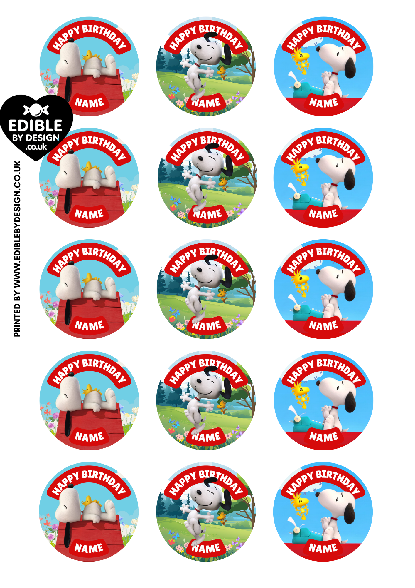 Snoopy Theme Birthday Cake Toppers Edible Circles Personalised Name and Age Matching Stickers Balloon Invitations Pack