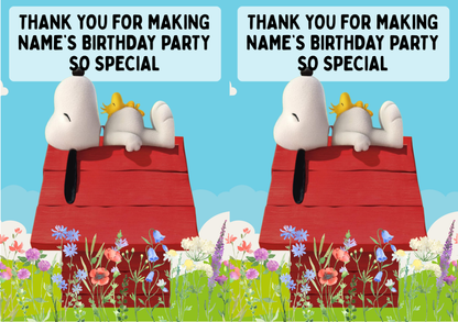 Snoopy Theme Birthday Cake Toppers Edible Circles Personalised Name and Age Matching Stickers Balloon Invitations Pack