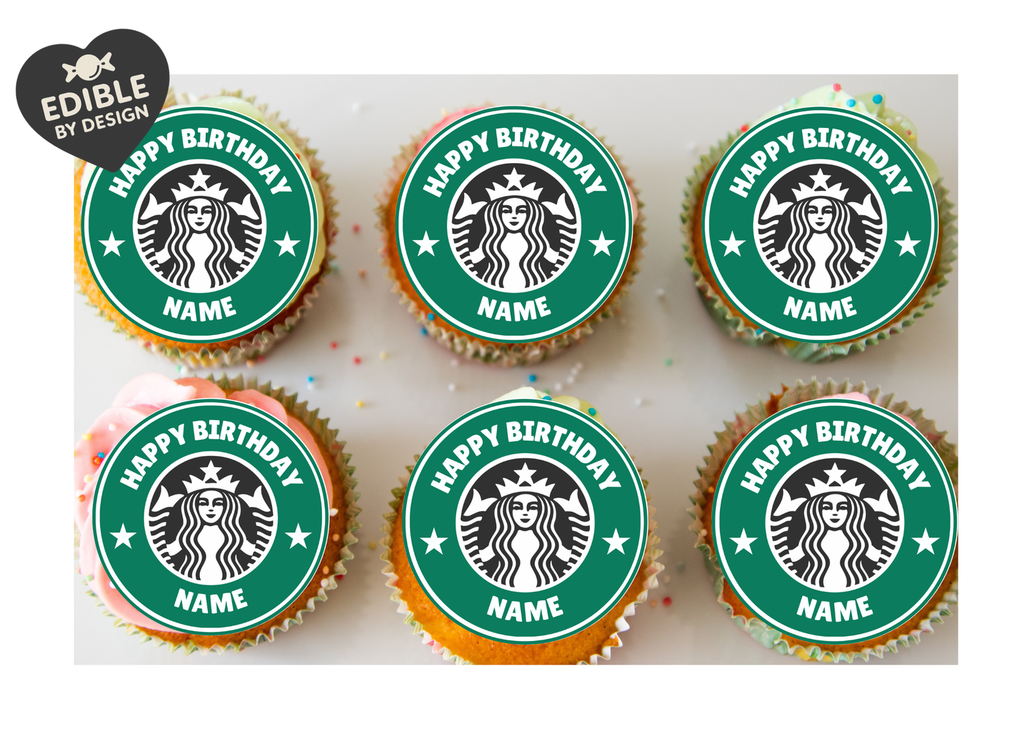 Inspired by Starbucks Logo Birthday Cake Toppers Edible Circles Personalised Name and Age Matching Stickers Balloon Invitations Pack