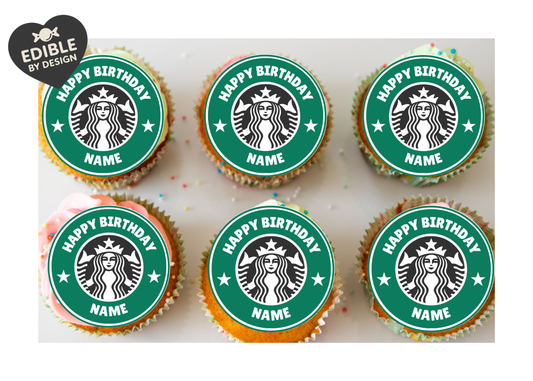Inspired by Starbucks Logo Birthday Cake Toppers Edible Circles Personalised Name and Age Matching Stickers Balloon Invitations Pack