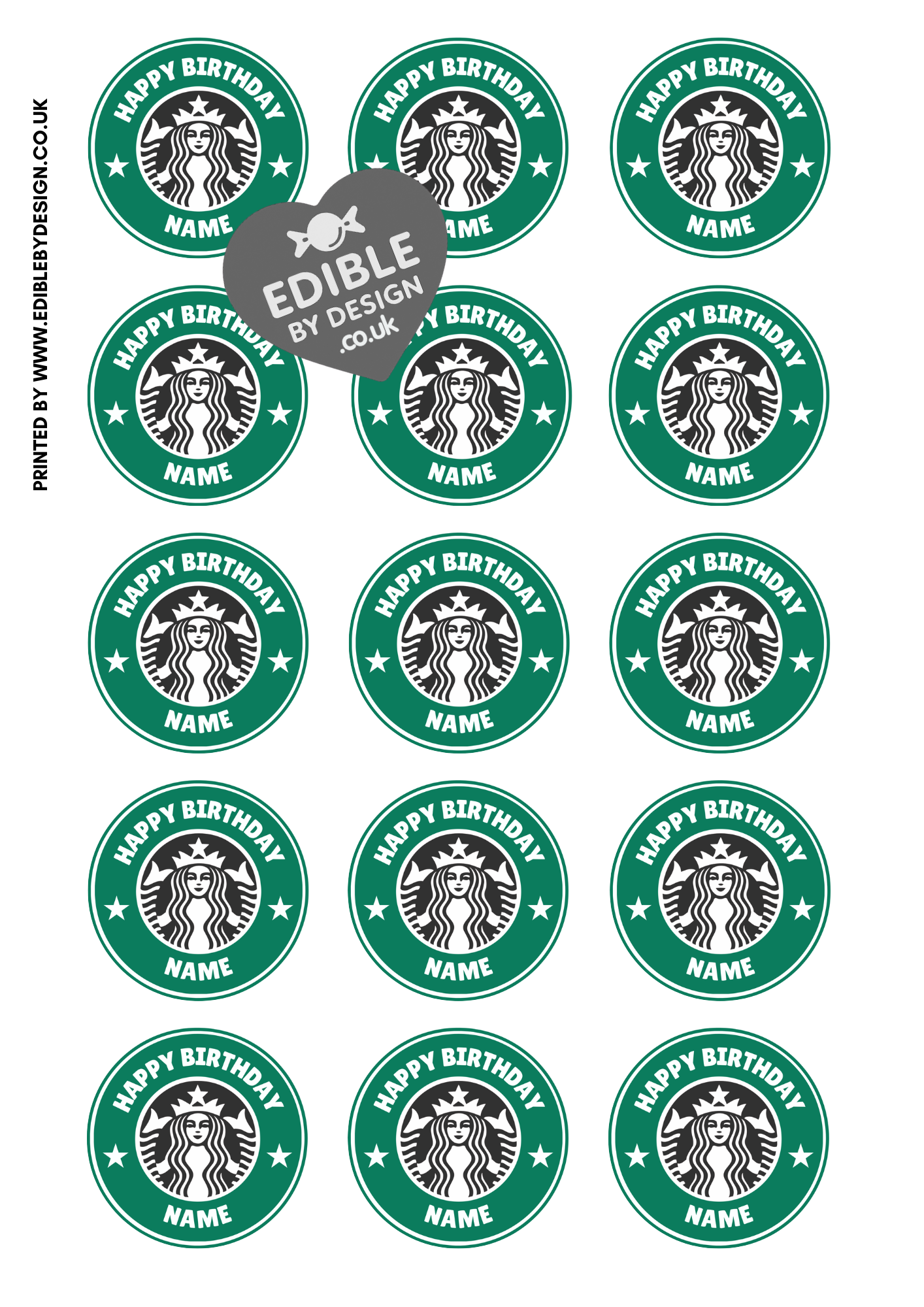 Inspired by Starbucks Logo Birthday Cake Toppers Edible Circles Personalised Name and Age Matching Stickers Balloon Invitations Pack