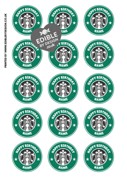 Inspired by Starbucks Logo Birthday Cake Toppers Edible Circles Personalised Name and Age Matching Stickers Balloon Invitations Pack