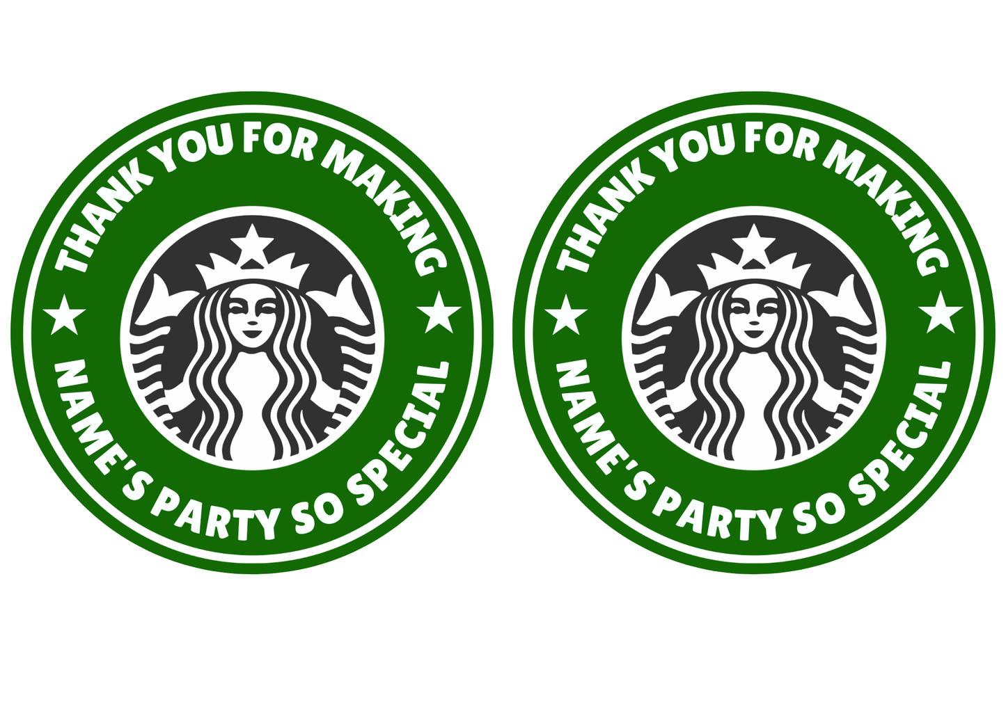 Inspired by Starbucks Logo Birthday Cake Toppers Edible Circles Personalised Name and Age Matching Stickers Balloon Invitations Pack