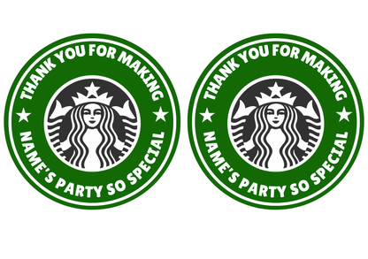 Inspired by Starbucks Logo Birthday Cake Toppers Edible Circles Personalised Name and Age Matching Stickers Balloon Invitations Pack