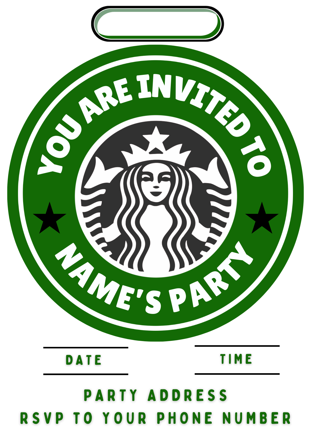 Inspired by Starbucks Logo Birthday Cake Toppers Edible Circles Personalised Name and Age Matching Stickers Balloon Invitations Pack