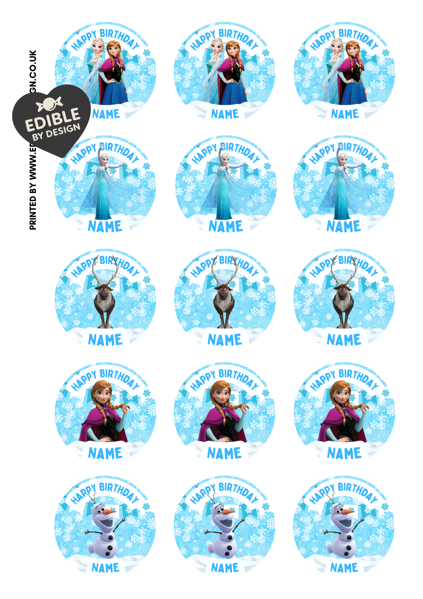 Frozen Ice Princess Theme Birthday Cake Toppers Edible Circles Personalised Name and Age Matching Stickers Balloon Invitations Pack