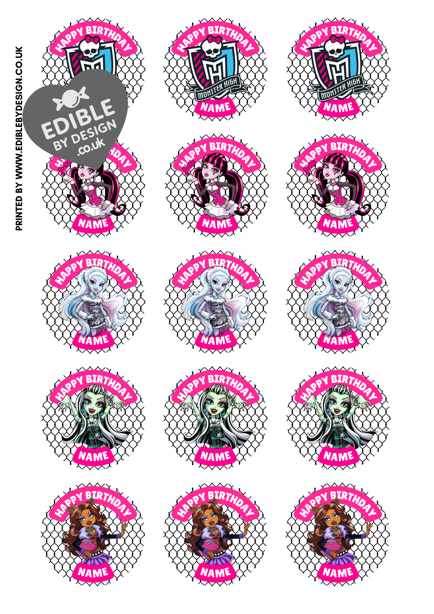 Monster High Theme Birthday Cake Toppers Edible Circles Personalised Name and Age Matching Stickers Balloon Invitations Pack