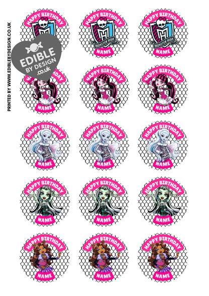 Monster High Theme Birthday Cake Toppers Edible Circles Personalised Name and Age Matching Stickers Balloon Invitations Pack