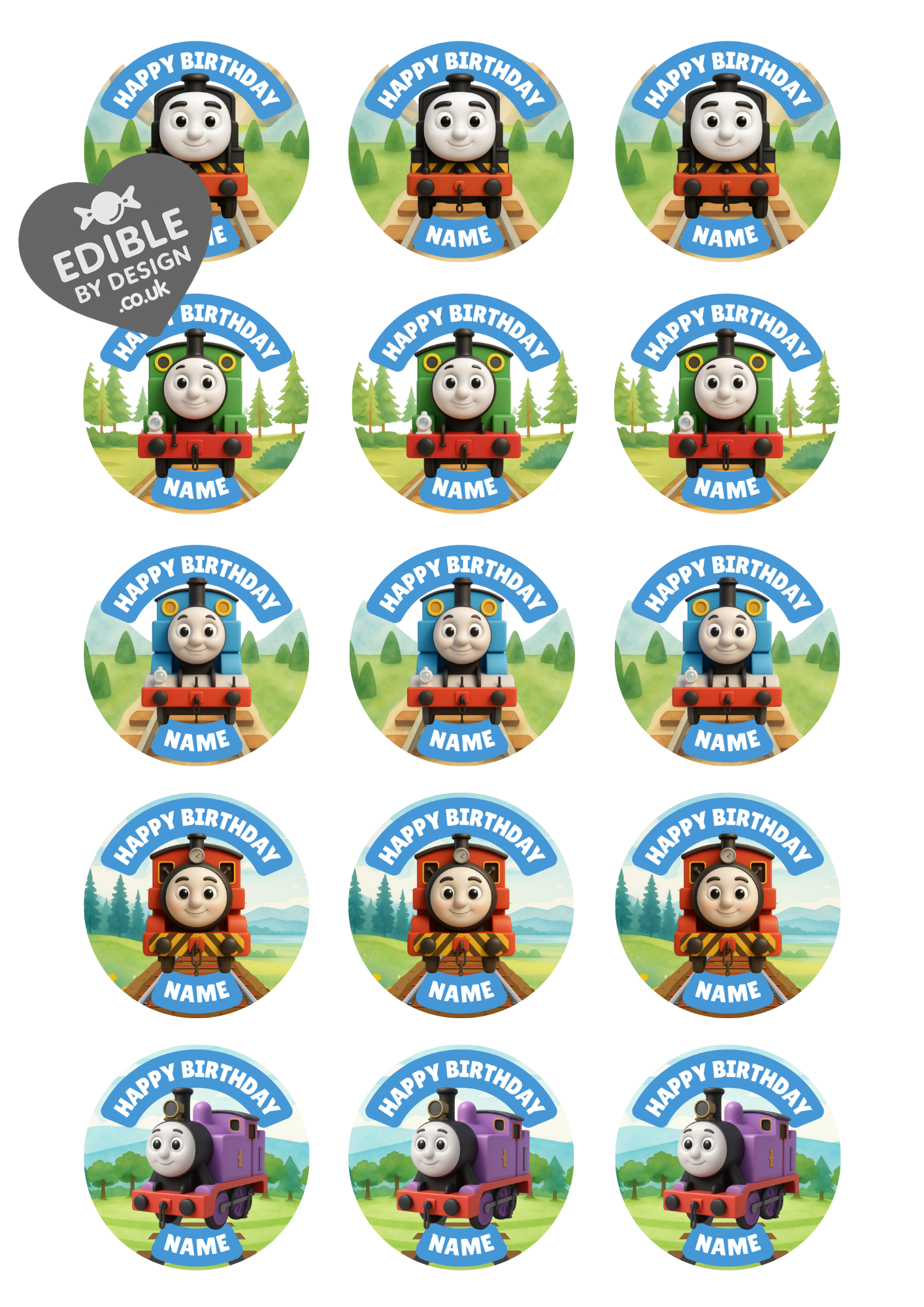 Thomas Train Theme Birthday Cake Toppers Edible Circles Personalised Name and Age Matching Stickers Balloon Invitations Pack