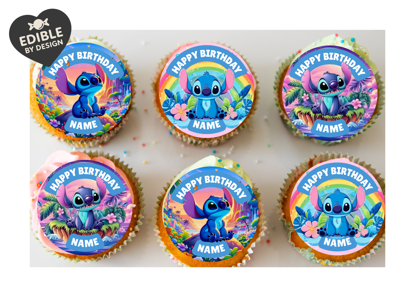 Stitch Theme Birthday Cake Toppers Edible Circles Personalised Name and Age Matching Stickers Balloon Invitations Pack