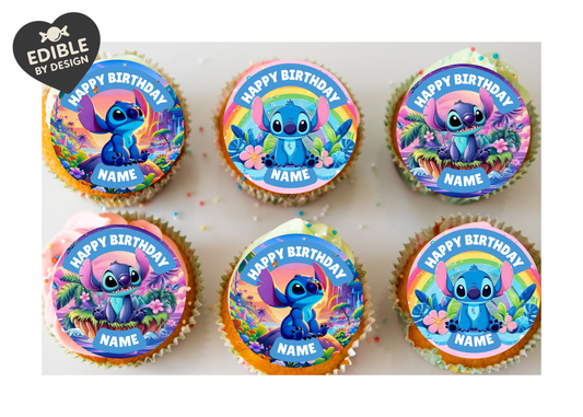 Stitch Theme Birthday Cake Toppers Edible Circles Personalised Name and Age Matching Stickers Balloon Invitations Pack