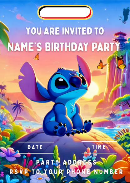 Stitch Theme Birthday Cake Toppers Edible Circles Personalised Name and Age Matching Stickers Balloon Invitations Pack