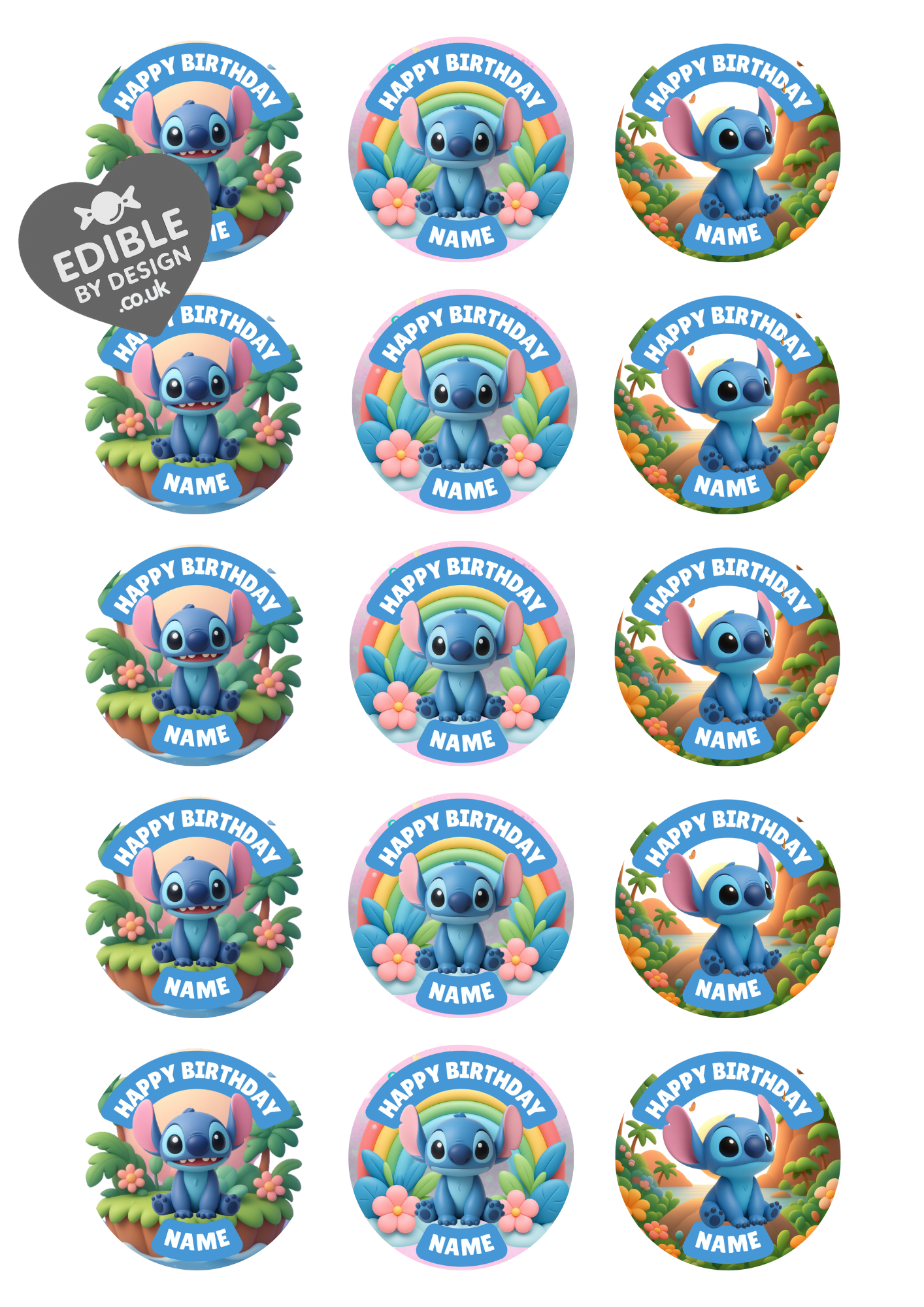 Stitch Theme Birthday Cake Toppers Edible Circles Personalised Name and Age Matching Stickers Balloon Invitations Pack