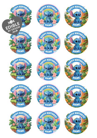 Stitch Theme Birthday Cake Toppers Edible Circles Personalised Name and Age Matching Stickers Balloon Invitations Pack