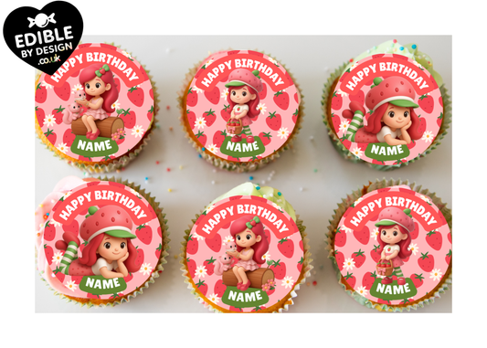 Strawberry Shortcake Inspired Theme Birthday Cake Toppers Edible Circles Personalised Name and Age Matching Stickers Balloon Invitations Pack