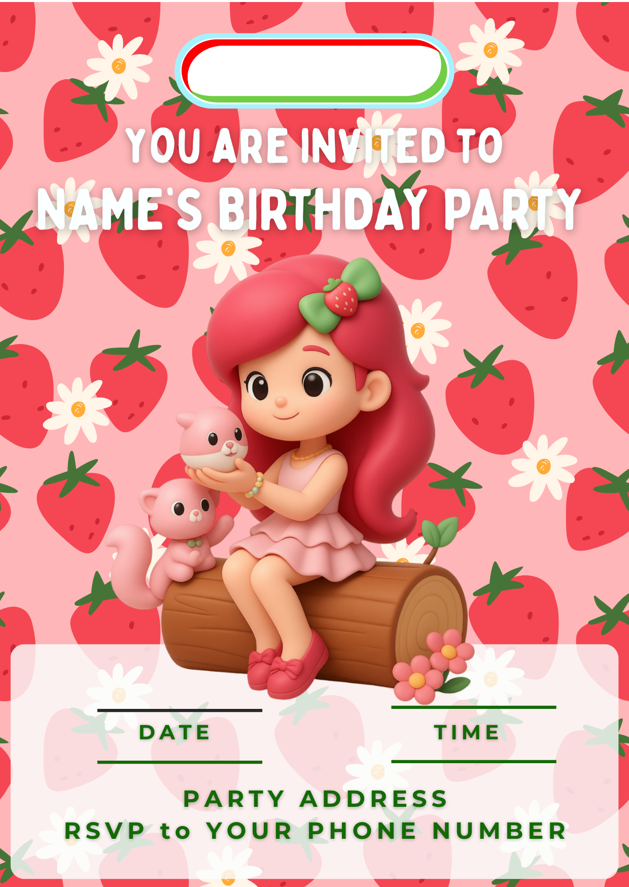 Strawberry Shortcake Inspired Theme Birthday Cake Toppers Edible Circles Personalised Name and Age Matching Stickers Balloon Invitations Pack
