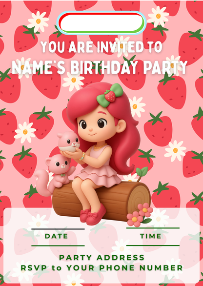 Strawberry Shortcake Inspired Theme Birthday Cake Toppers Edible Circles Personalised Name and Age Matching Stickers Balloon Invitations Pack